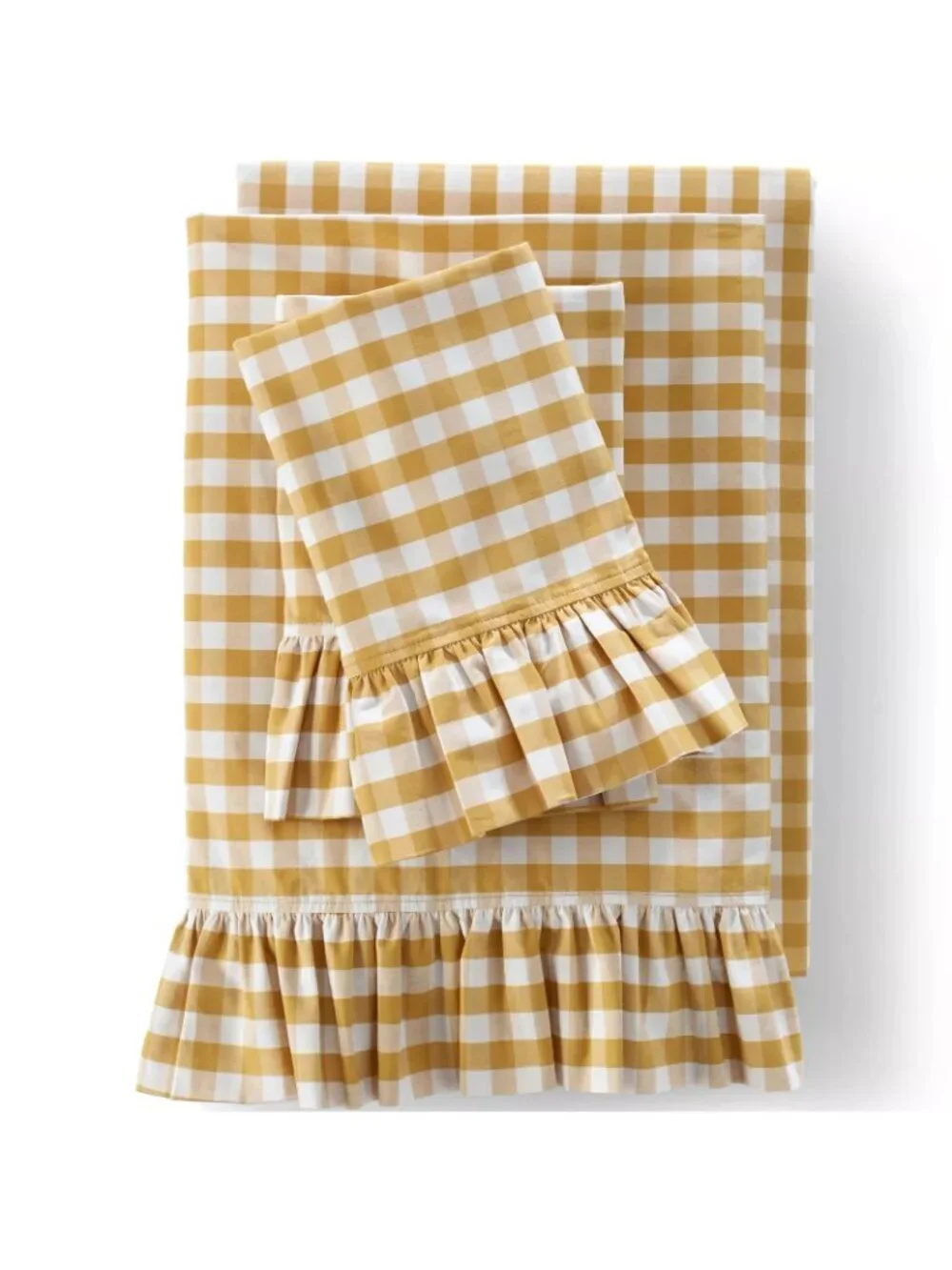 Lands End Twin XL Ruffle Flat Sheet Dijon Gold/Ivory Gingham NEW Farmhouse Bed